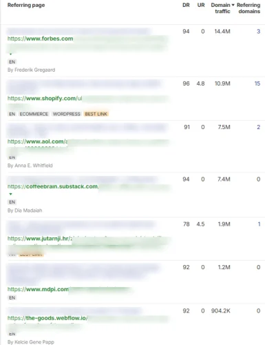 Ahrefs backlinks list of high-authority referring domains linking to a client store's linkable asset, shown with DR and domain traffic.