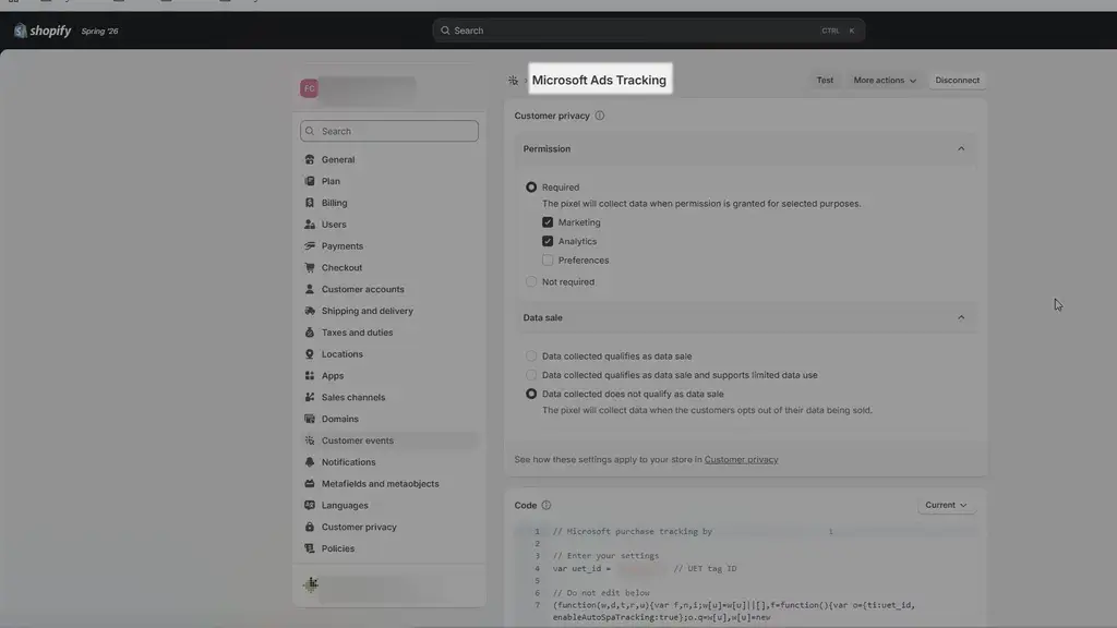 Create new conversion code in Shopify