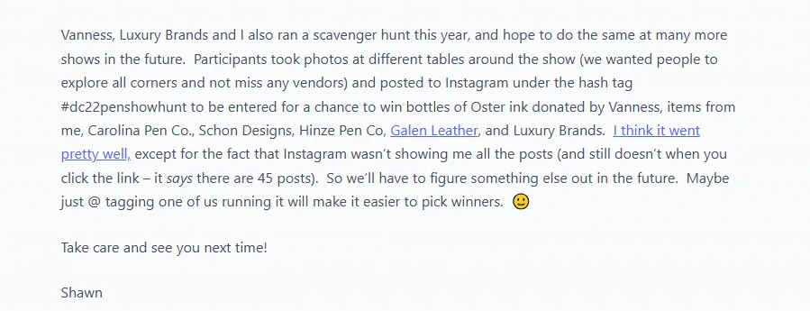 Pen show recap linking to Galen Leather as a scavenger hunt prize sponsor while other mentioned brands are unlinked.
