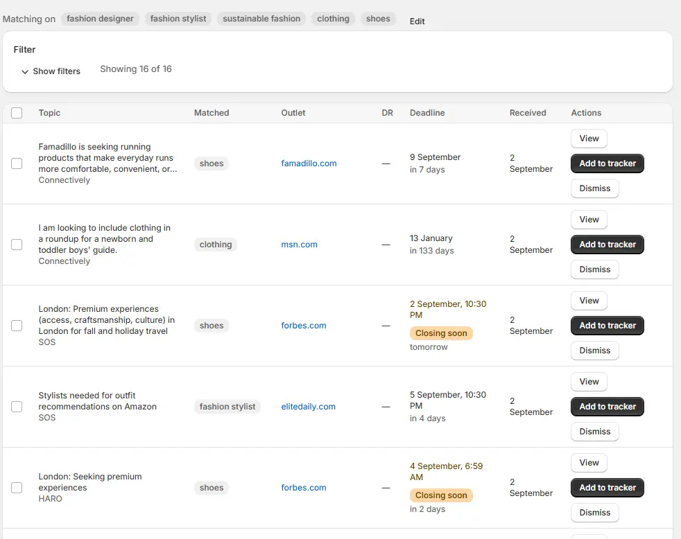 The SEO Backlinks app PR Opportunities feed, listing journalist requests matched to keywords with the outlet, deadline and Add to tracker buttons.