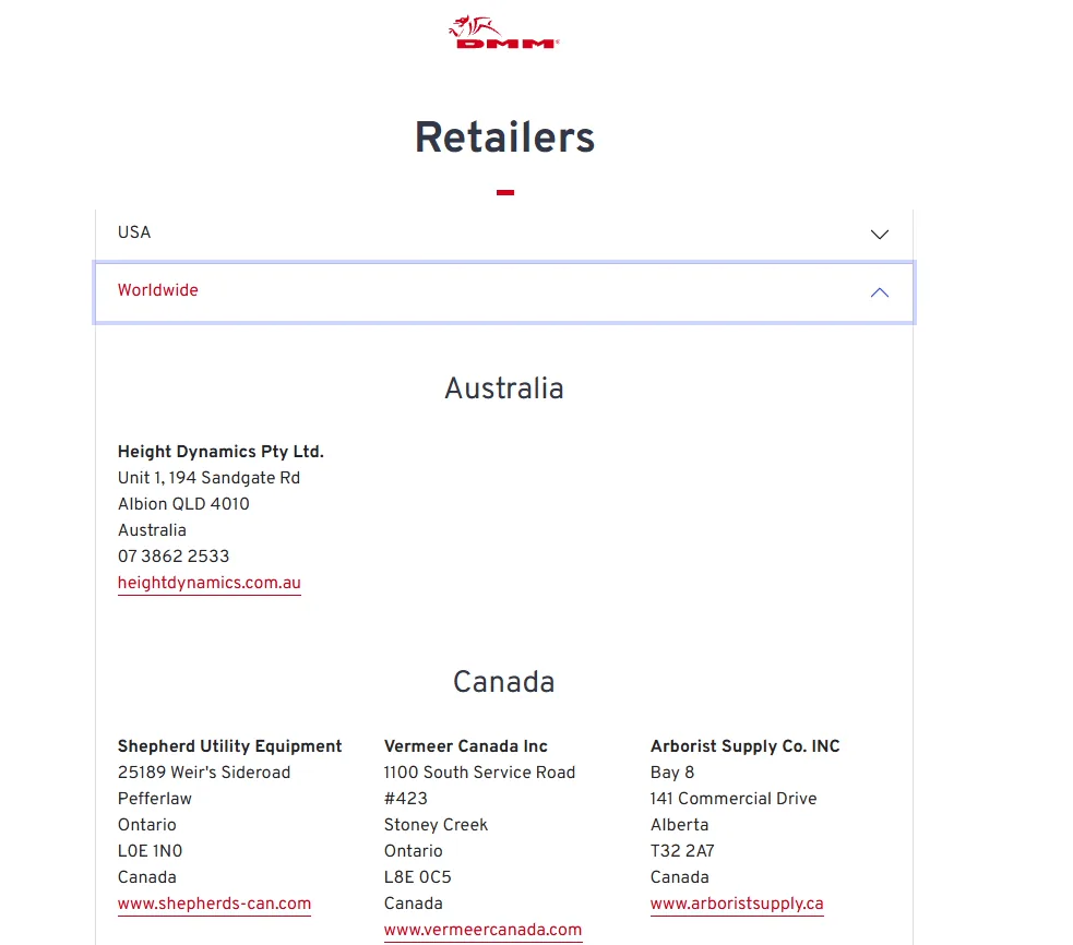DMM retailers page listing Height Dynamics as the Australian retailer, with a link to heightdynamics.com.au.
