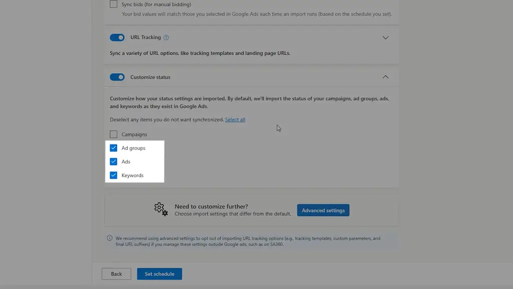 Enable Ad groups, Ads, Keywords