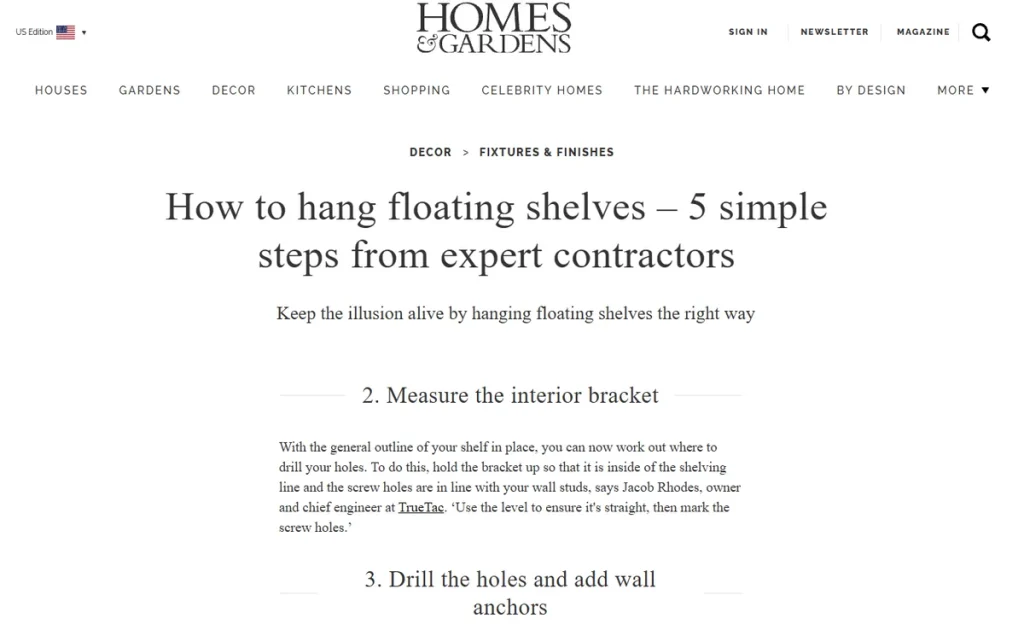 Homes & Gardens guide to hanging floating shelves quoting Jacob Rhodes and linking to TrueTrac.