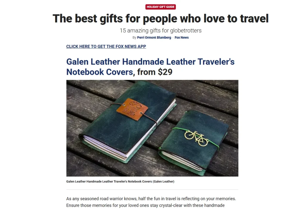 Fox News holiday gift guide featuring Galen Leather handmade leather traveler's notebook covers.