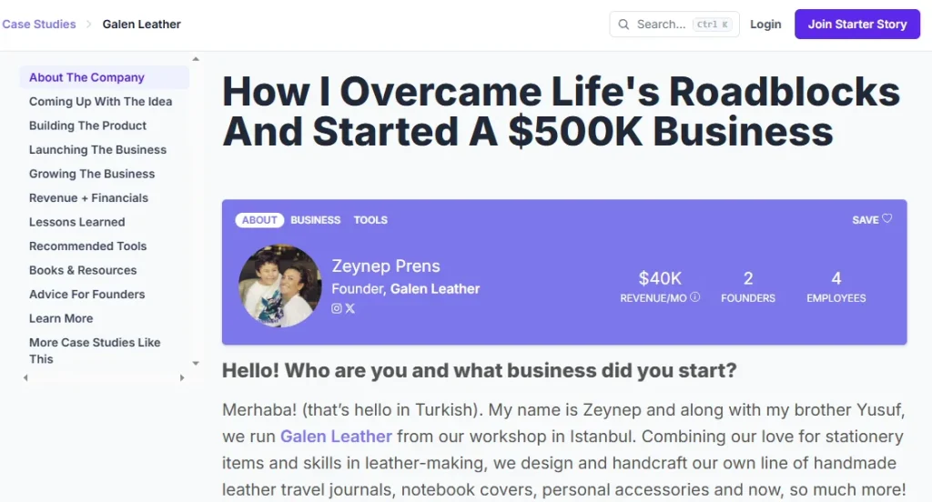 Starter Story case study interviewing Zeynep Prens, founder of Galen Leather, with a link to the Galen Leather website.