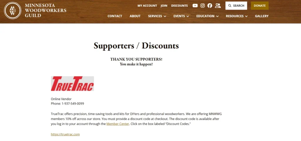Minnesota Woodworkers Guild supporters and discounts page listing TrueTrac, with a link.