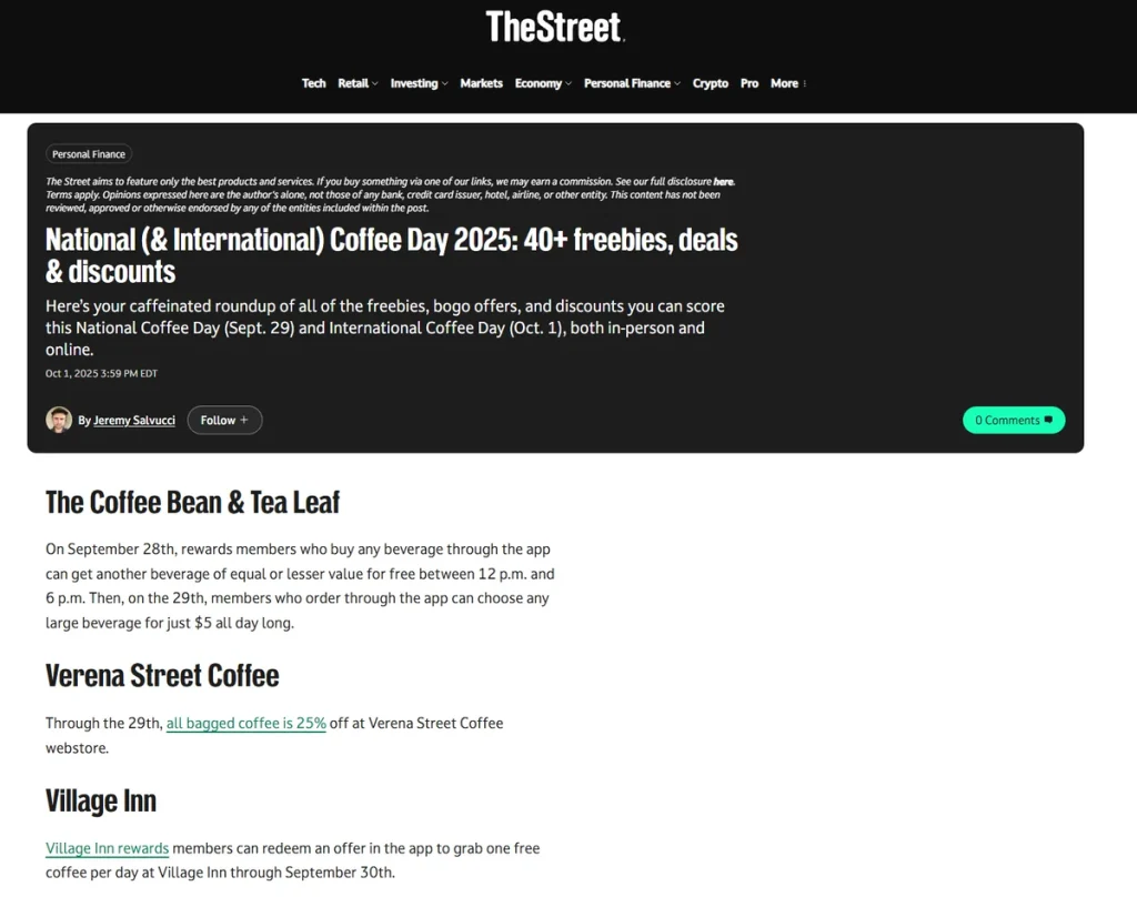 TheStreet's National Coffee Day deals roundup featuring Verena Street Coffee, with a link to its webstore.