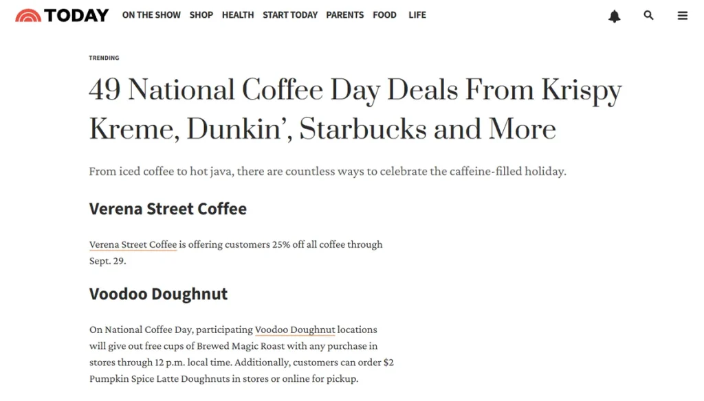 TODAY's National Coffee Day deals roundup featuring Verena Street Coffee, with a link to its store.