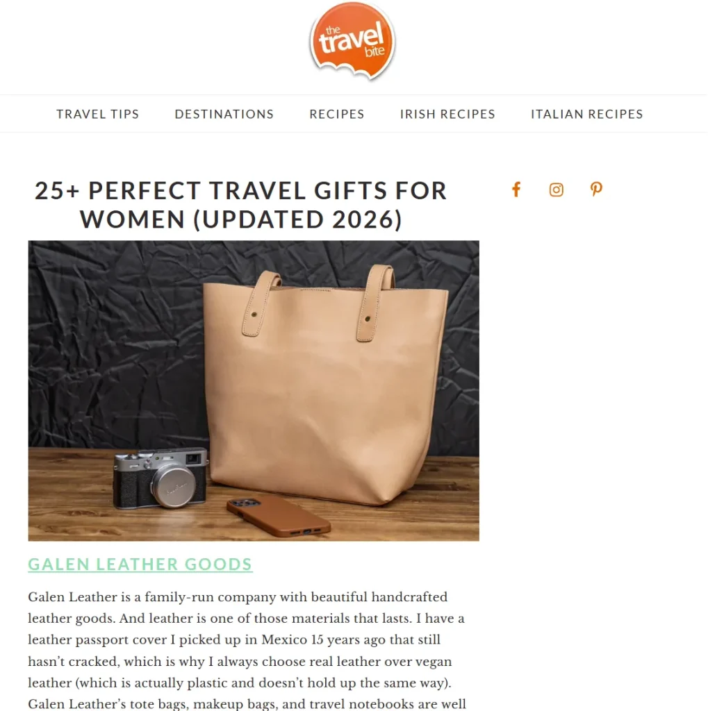 The Travel Bite's travel gifts for women guide featuring Galen Leather's handcrafted leather tote bag.
