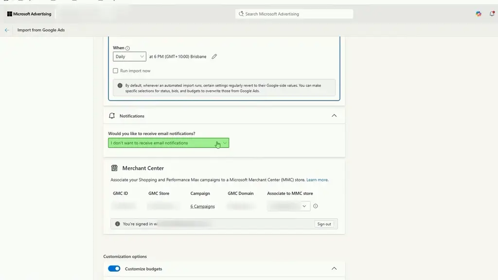 Turn off email notifications
